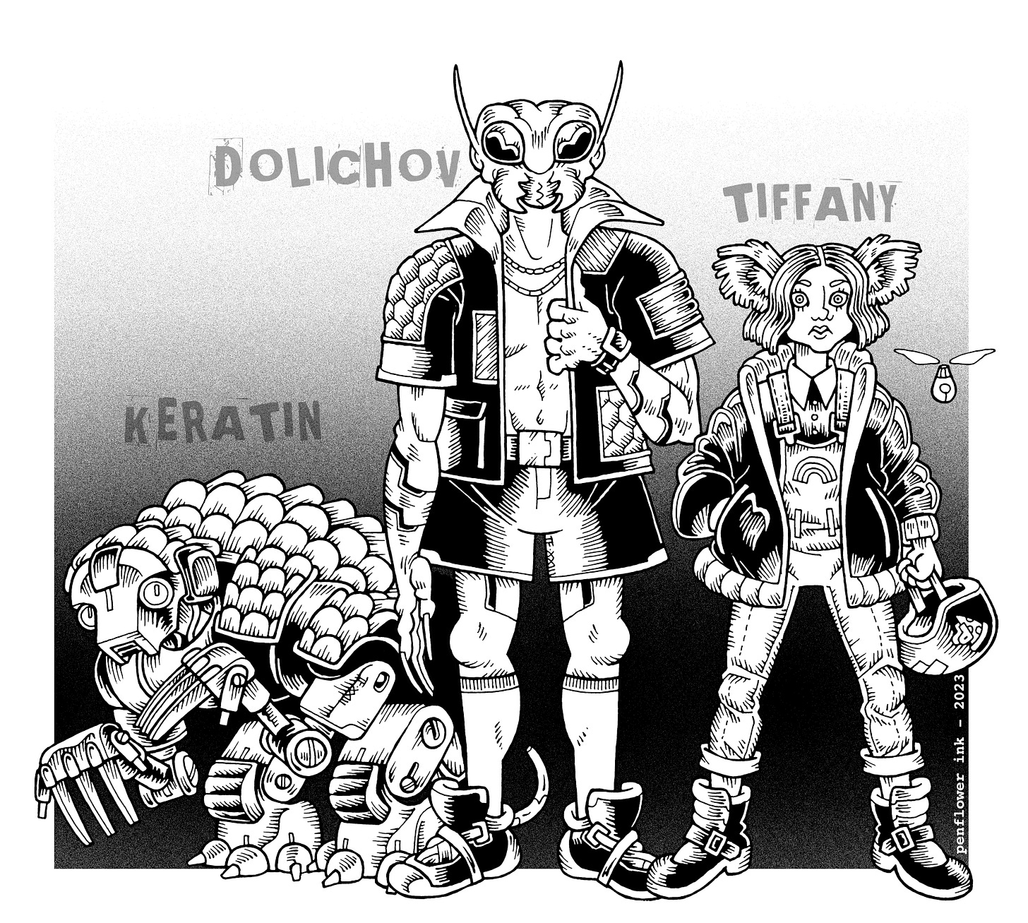Traditionally hand-drawn black and white illustration of three cyberpunk style characters. From left to right: Keratin, Dolichov and Tiffany. Keratin is a small, bulky robot resembling a pangolin, with large claws and covered in scale-like armour plating. Dolichov is a tall, athletic human male, who has been surgically alterted to resemble a yellowjacket wasp, with large eyes, pinces and stripey markings. Tiffany is a young human female with a heart-shaped face, shoulder-length wavy hair and surgically added koala-ears. She is wearing jean dungarees under an oversized pizza delivery jacket, and holding a bike helmet. 