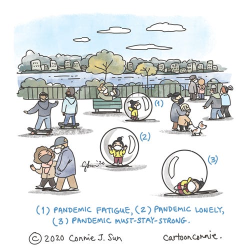 Illustration: Pandemic Fatigue Illustration of a park scene where people are social distancing with masks and there's a lone character in a bubble. Illustration text: (1) pandemic fatigue; (2) pandemic lonely; (3) pandemic must-stay-strong. Sketchbook drawing about loneliness in a pandemic, by connie sun, cartoonconnie