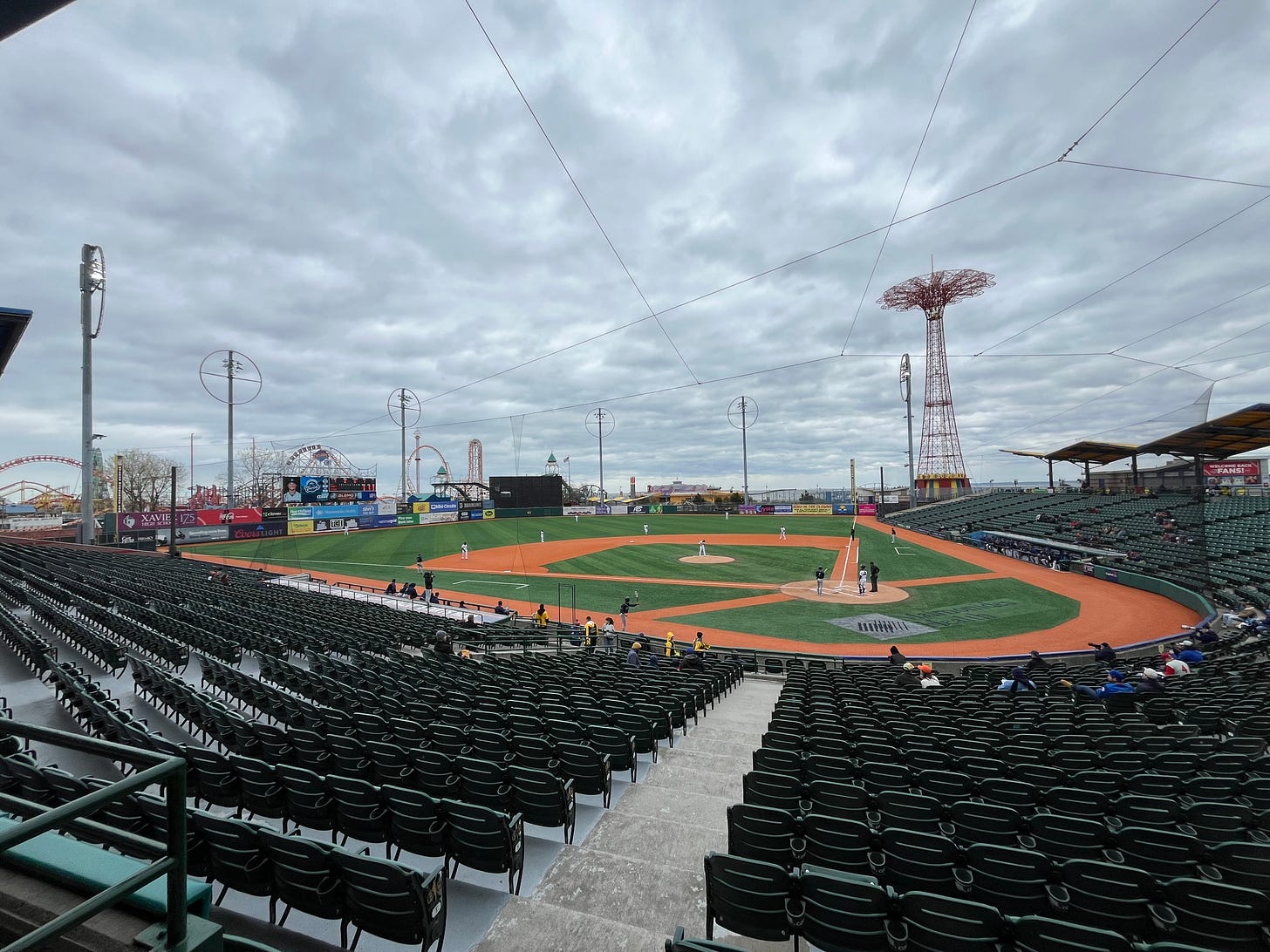 Picture of field where Brooklyn Cyclones play, right outside Coney Island, while a game was going on between the Cyclones and the Asheville Tourists
