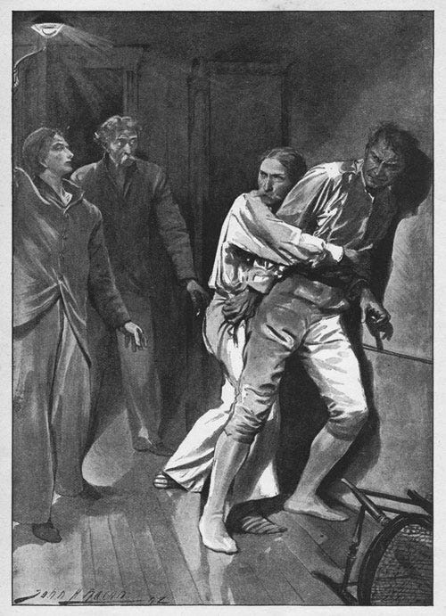 An ink wash painting of four men in a hallway. The two central figures are in the light, while the rest of the  painting is mostly dark. One man hold the other around the chest with his arms, knees braced and facial expression severe. He has a large mustache and is wearing white pajamas, with striped socks. The man he is holding is taller, clean shaven, wears tall white socks, and a white shirt and pants. One of his hands is clenched in the pajamas of the other man. He looks like he is struggling to break free, and has a frustrated expression. The two other men are standing nearby, one of them shining a light on the central figures. They are both also wearing pajamas. One has a mustache. 