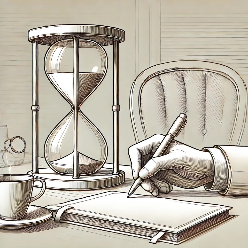 A modern, minimalist line drawing of an hourglass on a desk, viewed from a slightly lower angle (20 degrees down) for a dynamic perspective. The hourglass is smaller, placed next to an elegant journal and a hand writing in it. The desk is more built out, featuring additional elements like a luxurious cup of coffee in a sleek design. Subtle, soft shadows are used to emphasize natural light, adding depth while maintaining simplicity and sophistication. Clean lines and a refined aesthetic highlight luxury, with a monochromatic color palette.