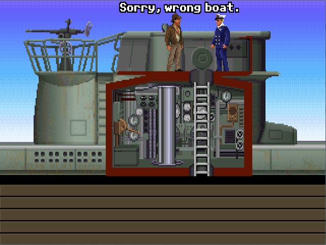 A screenshot from Fate of Atlantis, with Indiana Jones being confronted by a Nazi U-boat captain, and Indy saying, "Sorry, wrong boat."