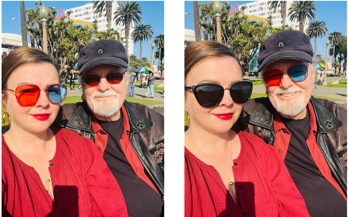 Two pictures side-by-side. Amber and her dad (Russ Tamblyn) sit next to each other outside. In the photo on the left, Amber is wearing her dad's prop glasses from the TV show "Twin Peaks." They have one red and one blue lens. Her dad wears his own sunglasses. In the photo on the right, Russ wears the "Twin Peaks" glasses and Amber wears her own sunglasses. 