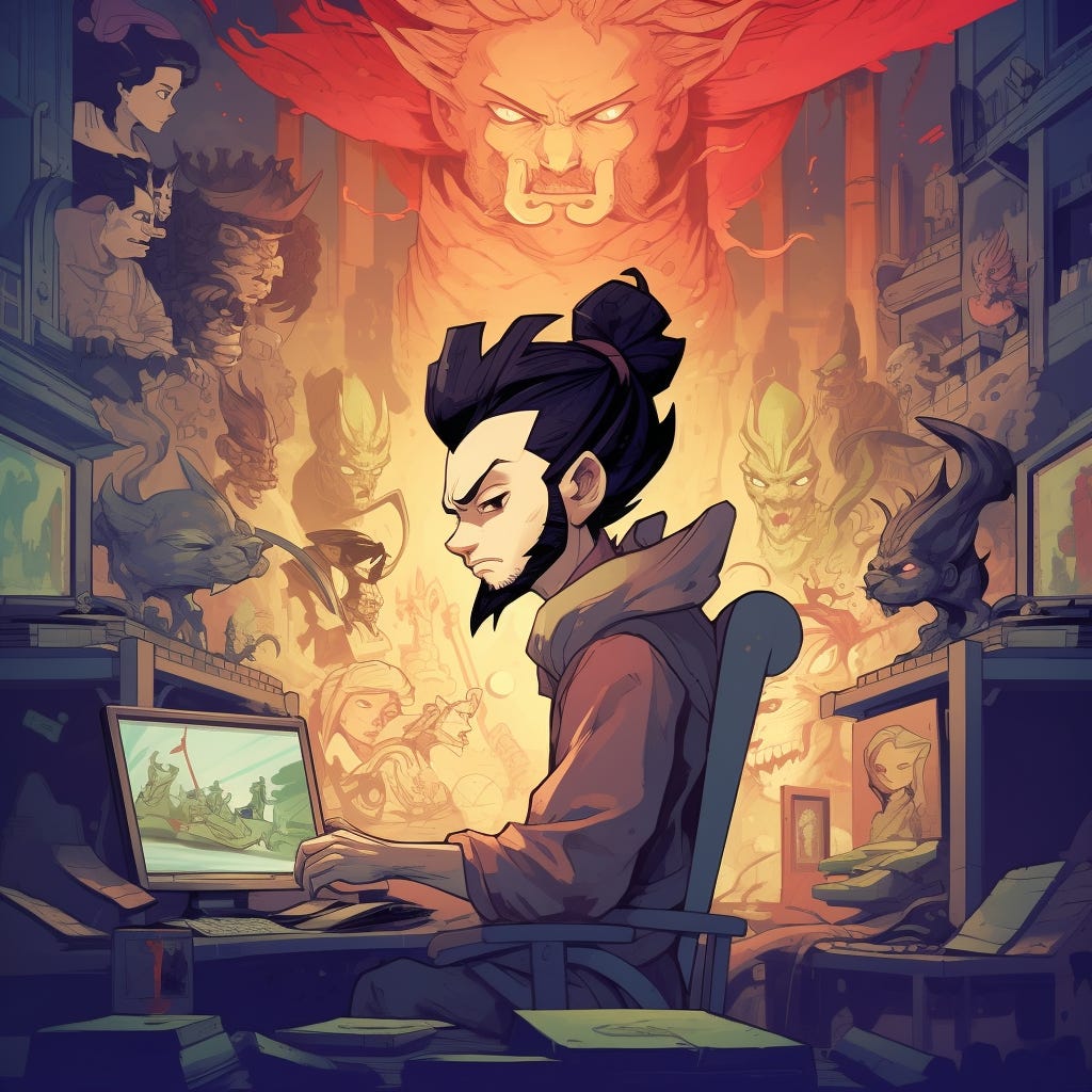 Man working on computer while demons surround him.