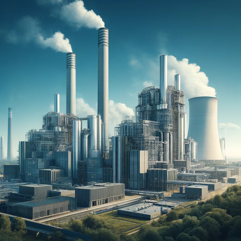 A realistic photograph-style image of a power plant in Europe, showcasing a large facility with tall smokestacks emitting steam against a clear blue sky. The foreground should include some lush greenery, emphasizing the contrast between industry and nature. The architecture is modern, with steel structures and large, visible pipes.