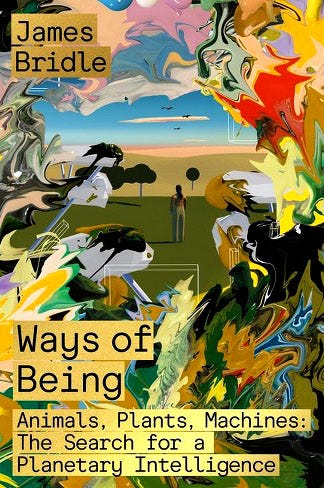 Abstracted mix of paint and digital careen across the cover of James Bridle's Ways of Being--Animals, Plants, Machines: the search for planetary intelligence