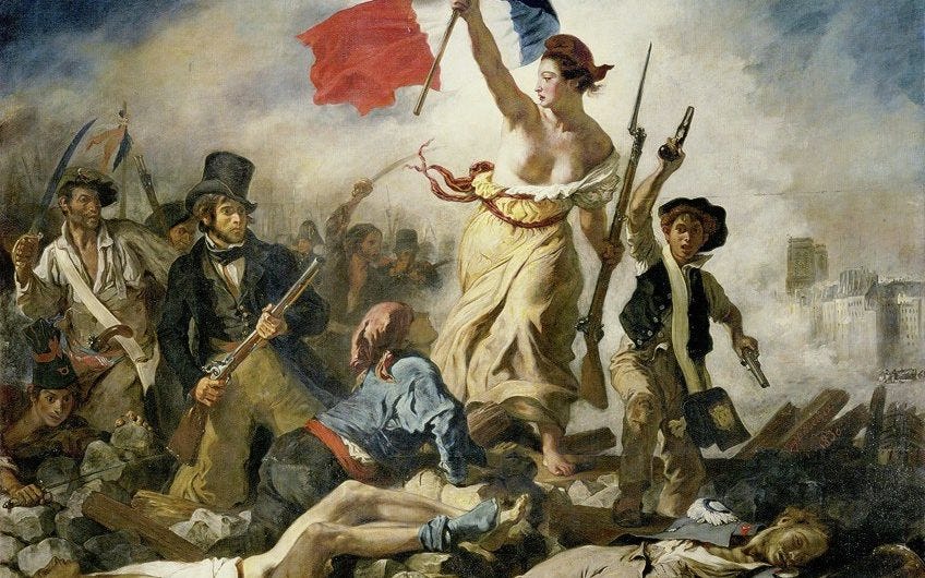 Eugène Delacroix's "Liberty Leading the People", a famous painting of 19th century revolution that features prominently in John Wick 4's scenes in the Louvre.