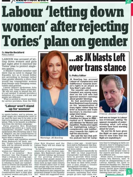 Labour ‘letting down women’ after rejecting Tories’ plan on gender Daily Mail4 Jun 2024By Martin Beckford Policy Editor LABOUR was accused of letting down women and girls last night after it rejected the Tories’ plan to protect singlesex spaces.  A Shadow Cabinet member said there was no need to change the Equality Act so it would define sex according to biology rather than gender identity, a move that would bar transgender women from female-only changing rooms, toilets and prisons.  Labour defence spokesman John Healey told Times Radio yesterday: ‘We will not want to amend the Act, it’s not needed. It already provides a definition of a woman, and sex and gender are different.  ‘What is needed is clearer guidance for service providers, from the NHS to sports bodies, and in prisons, on what single-sex exemptions need to be, and the best way to be able to do that is in guidance, not primary legislation. This, to be honest, is a distraction from the election campaign.’  Party grandee Ben Bradshaw described the policy as a ‘nasty little transphobic crusade’, while health spokesman Wes Streeting said it was a ‘disgrace’ for the Conservatives to claim that Sir Keir Starmer does not know what a woman is.  But women and equalities minister Kemi Badenoch hit back, saying: ‘Under Labour, biological men will be allowed access to women-only spaces.  ‘Labour think protecting women is a “distraction”.  ‘This is no surprise – Keir Starmer has flip-flopped on what a woman is, he long campaigned to introduce gender self-identification, and today he is refusing to back our commitment to rewrite the Equality Act to make clear that sex means “biological sex”.  ‘While Rishi Sunak and the Conservatives have a clear plan to protect women and girls, it is clear Keir Starmer and the Labour Party will not stand up for women.’  In her first round of broadcast interviews of the election campaign, Mrs Badenoch said the law needed tidying up because of the growing difference between what people meant by sex and gender. She said institutions such as rape crisis centres were worried about how to deal with people who were born male but now identified as women.  Mrs Badenoch also claimed the proposed change to the Equality Act – which she suggested more than a year ago – would have been laid in Parliament this September had the snap election not been called.  She was pressed repeatedly by the BBC on what paperwork transgender individuals would have to provide when being assigned to a prison, for instance, given that they can update the sex listed on their birth certificate if they obtain a Gender Recognition Certificate.  Mrs Badenoch said: ‘What you are describing is a hypothetical scenario, assuming that when people go into rape crisis centres they’re bringing in birth certificates, they’re bringing in gender recognition certificates.  ‘What is happening at the moment is that people come to the centres and they are visibly of a different sex.’  Helen Joyce, of human-rights charity Sex Matters, said: ‘It would be disappointing to see Labour dismiss the need to amend the Equality Act. The next government, whichever party is in power, should show leadership and fix the muddle, rather than claiming there isn’t one.’  ‘Labour won’t stand up for women’  ANGRY that immigration is still soaring and the potential of Brexit remains largely untapped, it’s understandable Nigel Farage should want to return to frontline politics.  But in seeking to take his anger out on the Tories as president of Reform Uk and the party’s candidate for clacton, he risks sabotaging his life’s work.  It was Mr Farage who helped shift the idea of Brexit from the outer fringes of political debate into the mainstream. In 2016, when the country voted to quit the EU, the victory was his as much as anyone’s.  Because the fruits of that victory have not been harvested, he wants to punish the Tories by plundering their vote on July 4.  He should be careful what he wishes for. While he could prevail in clacton, where the Leave vote was 70 per cent, it’s unlikely any other Reform candidates will win.  However, what he can do in a significant number of constituencies is split the conservative vote and allow Labour in.  Latest polling already suggests a Starmer landslide. Mr Farage’s intervention makes that even more likely.  But he could also be helping to sound Brexit’s death knell.  Sir keir was a passionate Remainer who campaigned to overturn the referendum result. There are already reports that Labour wants to realign with Brussels. How long before free movement and the customs union are back on the table?  Having been such a trailblazer for Brexit, it would be a tragedy if Mr Farage became an unwitting catalyst in its demise.  Article Name:Labour ‘letting down women’ after rejecting Tories’ plan on gender Publication:Daily Mail Author:By Martin Beckford Policy Editor Start Page:10 End Page:10