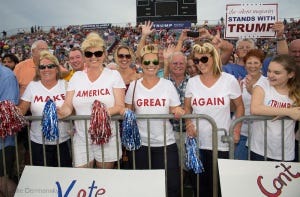 Aug. 21. 2015 Mobile, AL, Trump supporters at his campaign pep rally in Ladd Peebles Stadium. These women are all party of the Republican Party and plan to vote for Trump.  Over 20 thousand came to the Ladd-Peebles Stadium to attend Trumps campaign pep rally. 40,000 were expected to come.