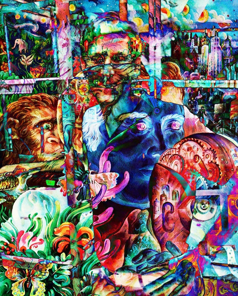 Collage representing the ‘psychedelic’ possibilities of AI.