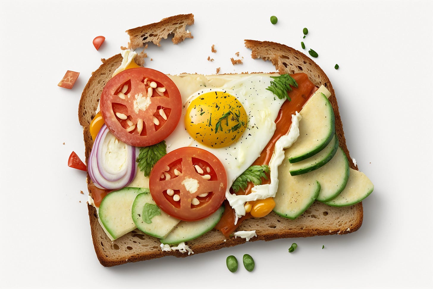 Midjourney - Prompt: "a messy open faced sandwich --ar 3:2 --q 2"