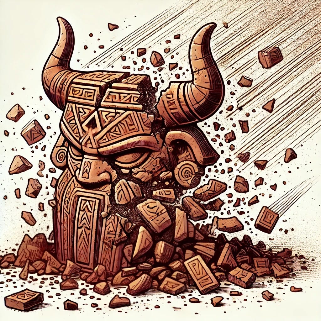 A cartoon-style depiction of a shattered clay idol resembling a statue to the Canaanite deity Baal. The idol features hints of stylized bull horns and angular patterns, with no visible legs or limb-like elements. The once-powerful figure is now completely obliterated into countless tiny reddish-brown fragments and dust. The pieces are smashed severely, reducing the idol to splinters, shards, and powder, with only faint hints of its original form barely visible. Motion lines and dust clouds enhance the chaotic destruction, with fragments scattering across a cracked stone floor. The overall tone captures the lifeless and fragile remains of the idol, thoroughly destroyed.