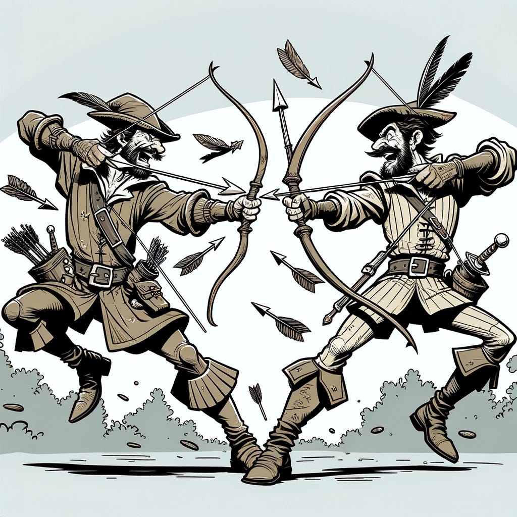 Create an image in a cartoon line art style, depicting two Robin Hood-style thieves in the midst of a fight, each trying to outwit the other in an attempt to steal what they've pilfered. These characters should be dressed in traditional medieval outlaw attire, including feathered caps and tunics, wielding weapons like bows, arrows, and perhaps a sword or staff. They should be engaged in a dynamic and exaggerated action scene, capturing the intensity and humor of their skirmish. The background should suggest a forest setting, alluding to their outlaw status and the historical period associated with Robin Hood. The artwork should emphasize the chaotic and comedic nature of their duel, with exaggerated expressions and poses.