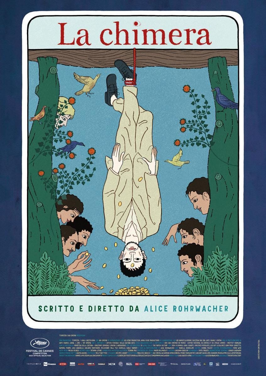 La Chimera promotional poster featuring a design based on the hanged man tarot card
