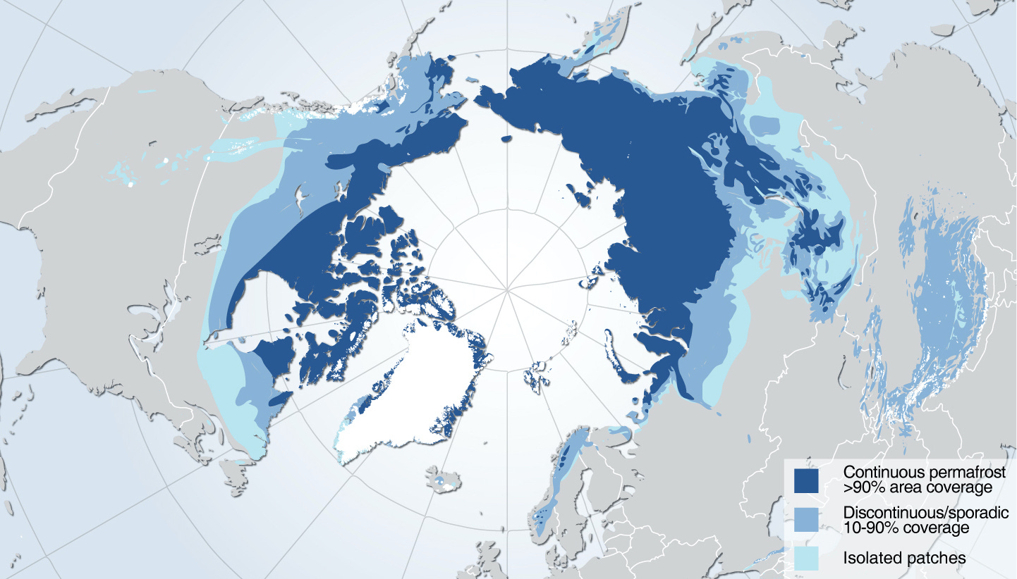 Map showing the Arctic circle, surrounding land mass and areas of permafrost.