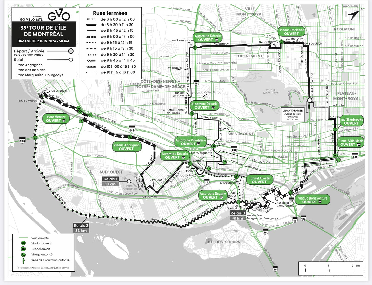 Une carte détaillée des rues qui seront fermées lors du 39e Tour de l'île de Montréal, dimanche le 2 juin 2024.