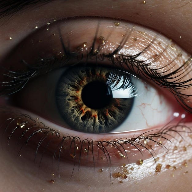 A close up of a person's eye with a brown eye and a yellow ...
