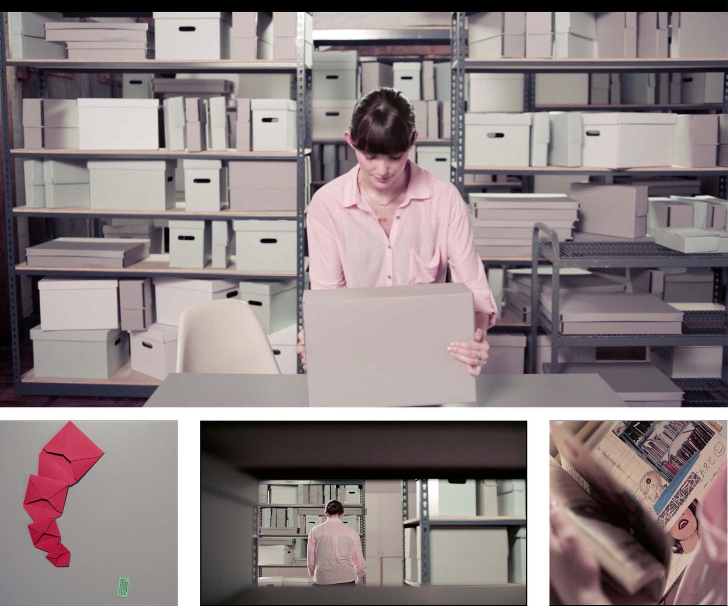 Still images of a woman bending over an open storage box inside a room filled with many other stacked storage boxes. Other images in the collage indicate that the boxes contain many various items.