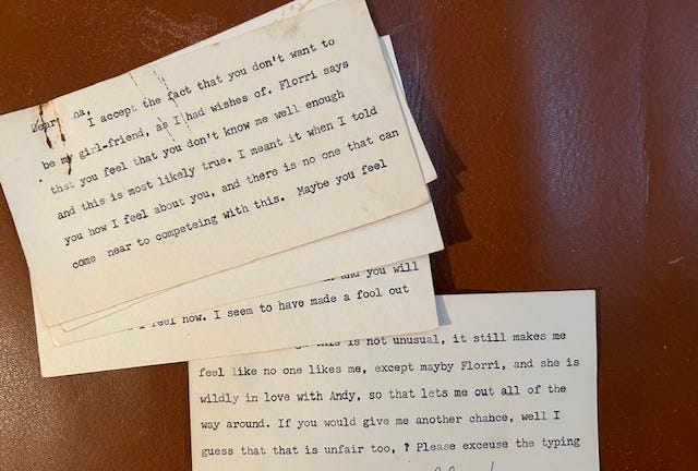 A letter typed on index cards