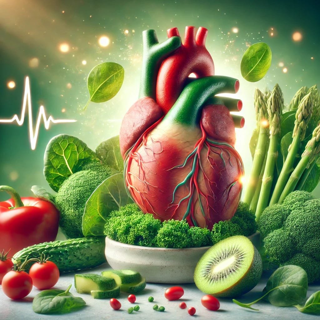 A visually compelling image representing the themes of cardiovascular health, natural medicine, and the importance of nutrition. The scene features a healthy heart with arteries flowing smoothly, surrounded by vibrant green leafy vegetables like kale and spinach, symbolizing their importance in nitric oxide production. In the background, a soft glow representing the beneficial effects of nitric oxide. The overall color palette is fresh and natural, with shades of green, red, and warm tones, evoking a sense of health and vitality.