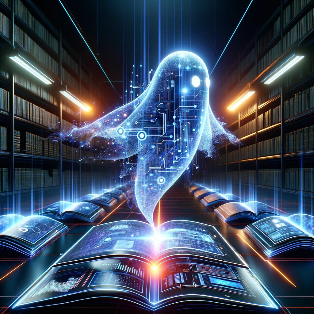 A futuristic, abstract interpretation of an AI language model named 'Ghostbuster', designed for detecting fake content. This AI is depicted as a dynamic, ethereal entity in a high-tech environment. It has a ghost-like appearance, but with a digital twist, featuring glowing circuits and holographic elements. The AI hovers above a vast array of digital documents, represented as floating, glowing pages. These pages are in a state of constant motion, symbolizing the AI's analysis. The scene is illuminated by neon lights, with an overall ambiance that blends the supernatural with advanced technology. The AI is actively scanning the documents, symbolized by beams of light scanning across the pages, looking for signs of fake content.