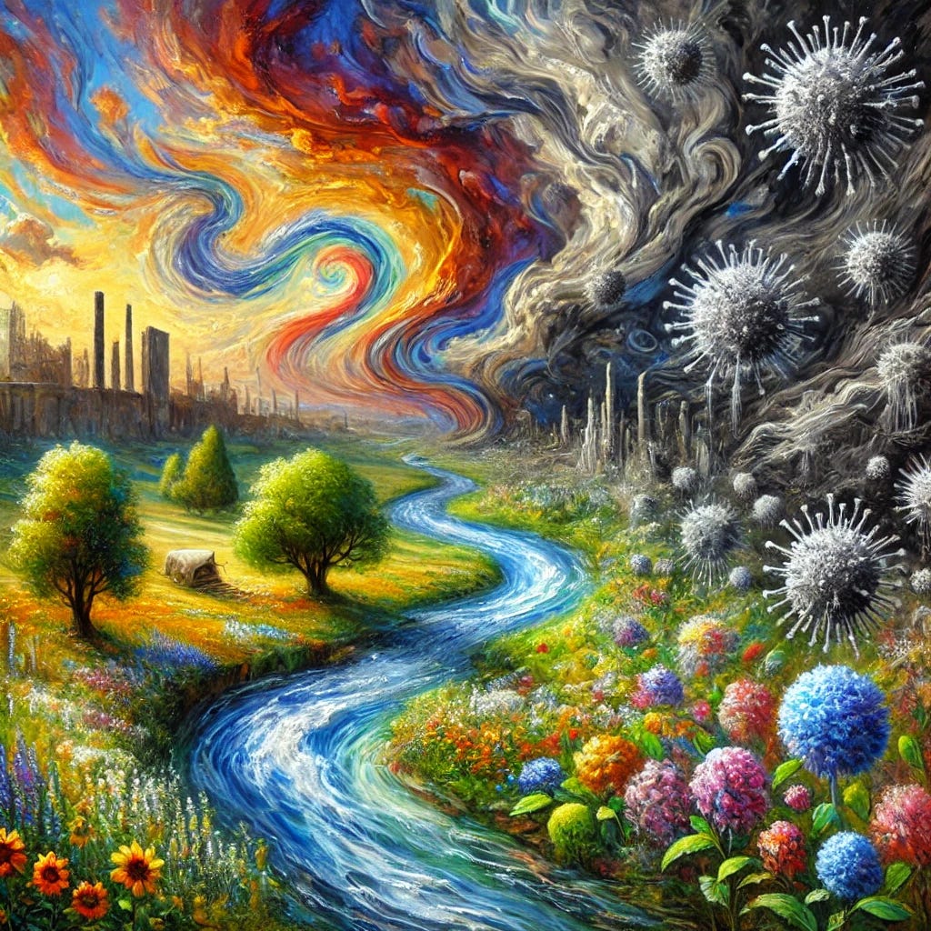 An impressionist oil painting with expressive brushstrokes, vibrant colors, and a dynamic composition, depicting a winding river flowing through a lush, fertile landscape filled with colorful flowers, trees, and open fields, symbolizing creativity and freedom. As the river approaches the background, it darkens and stagnates, intertwining with faint, abstract shapes resembling viral structures. The background features a desolate cityscape with towering gray walls, representing restriction, suppression, and indoctrination. The turbulent sky includes swirling, cloud-like viral patterns, blending with streaks of hopeful colors like gold, orange, and blue, clashing against ominous storm clouds. The composition illustrates the metaphor of viruses as societal control mechanisms, infecting freedom of thought and creativity.