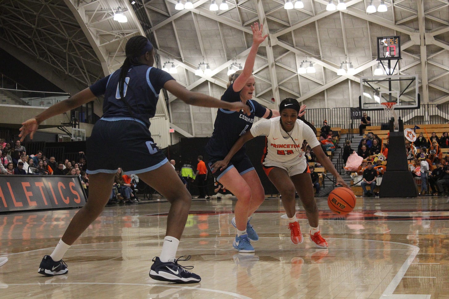 Princeton’s Madison St. Rose drives with the ball against Columbia on Jan. 20, 2024. (Photo by Adam Zielonka)