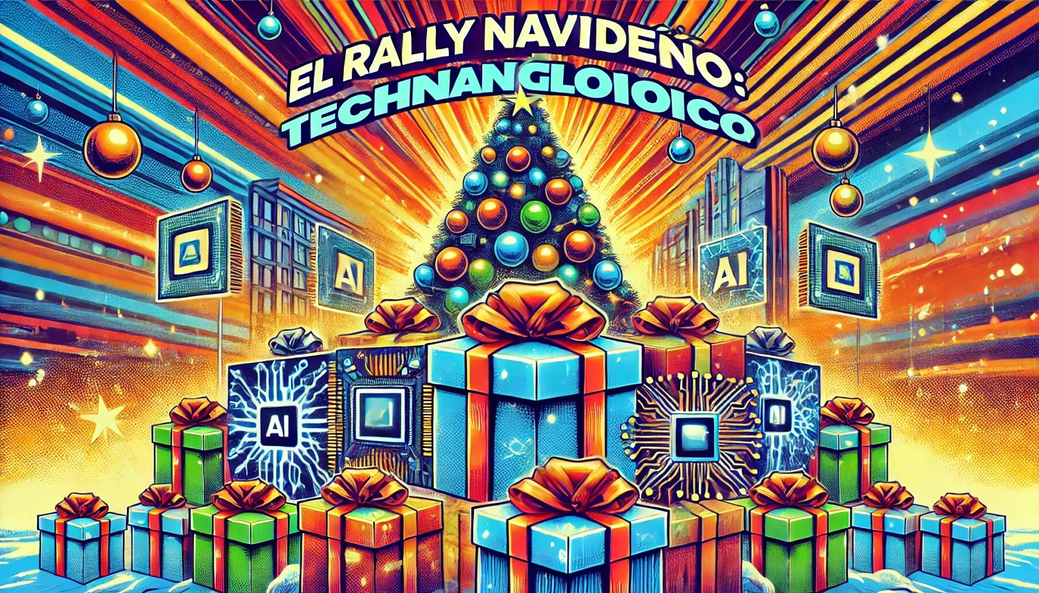 A vibrant and dynamic pop-art style illustration depicting a technological Christmas rally. The scene includes a festive and colorful background with a large Christmas tree adorned with lights and decorations. In the foreground, there are representations of AI technology, such as computer chips, neural networks, and robots, all wrapped in gift boxes with ribbons. The text 'El rally navideño tecnológico: ¿La IA como el regalo que nunca para de dar?' is displayed in bold, eye-catching letters. The overall tone should be joyful, energetic, and futuristic, with a holiday theme.