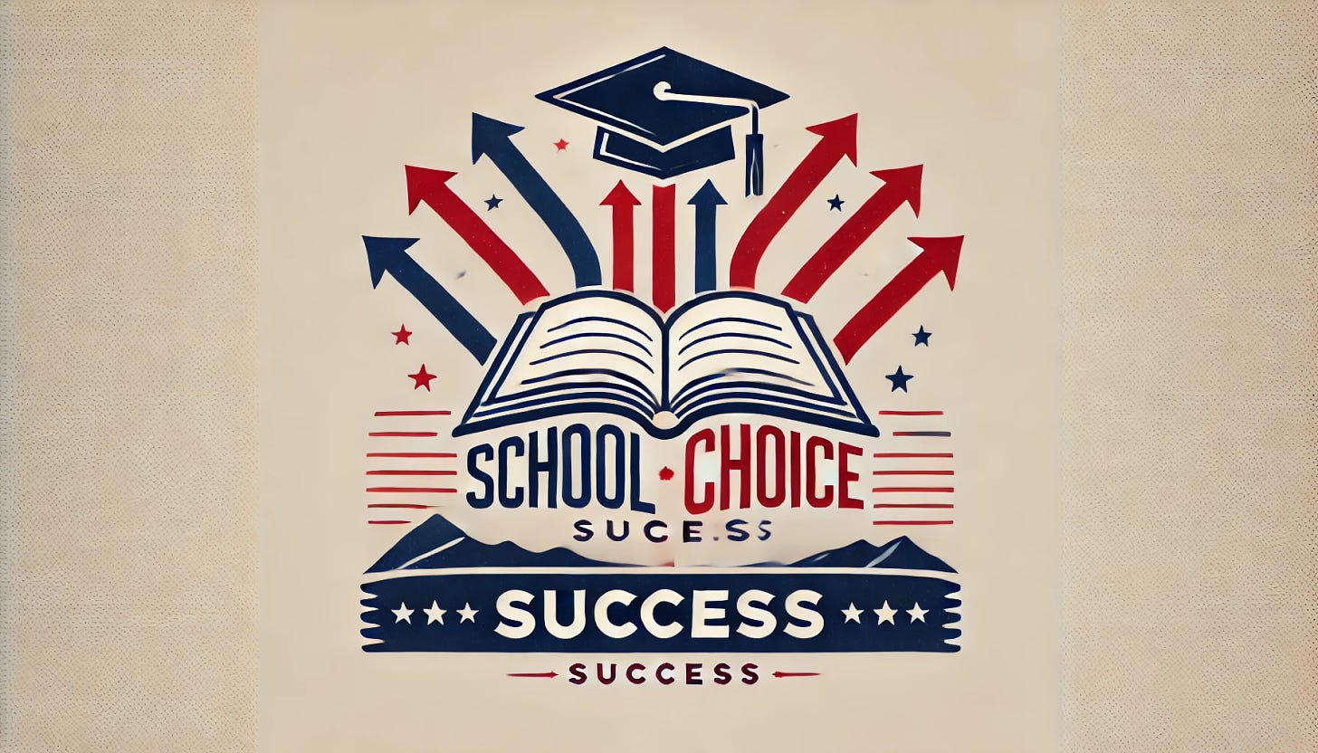 A minimalist landscape graphic using red, white, and blue to represent 'School Choice Success.' The design features an open book with a graduation cap and arrows branching out, symbolizing educational choice and success. The style is clean and simple, with a patriotic color scheme and no additional text besides the title.