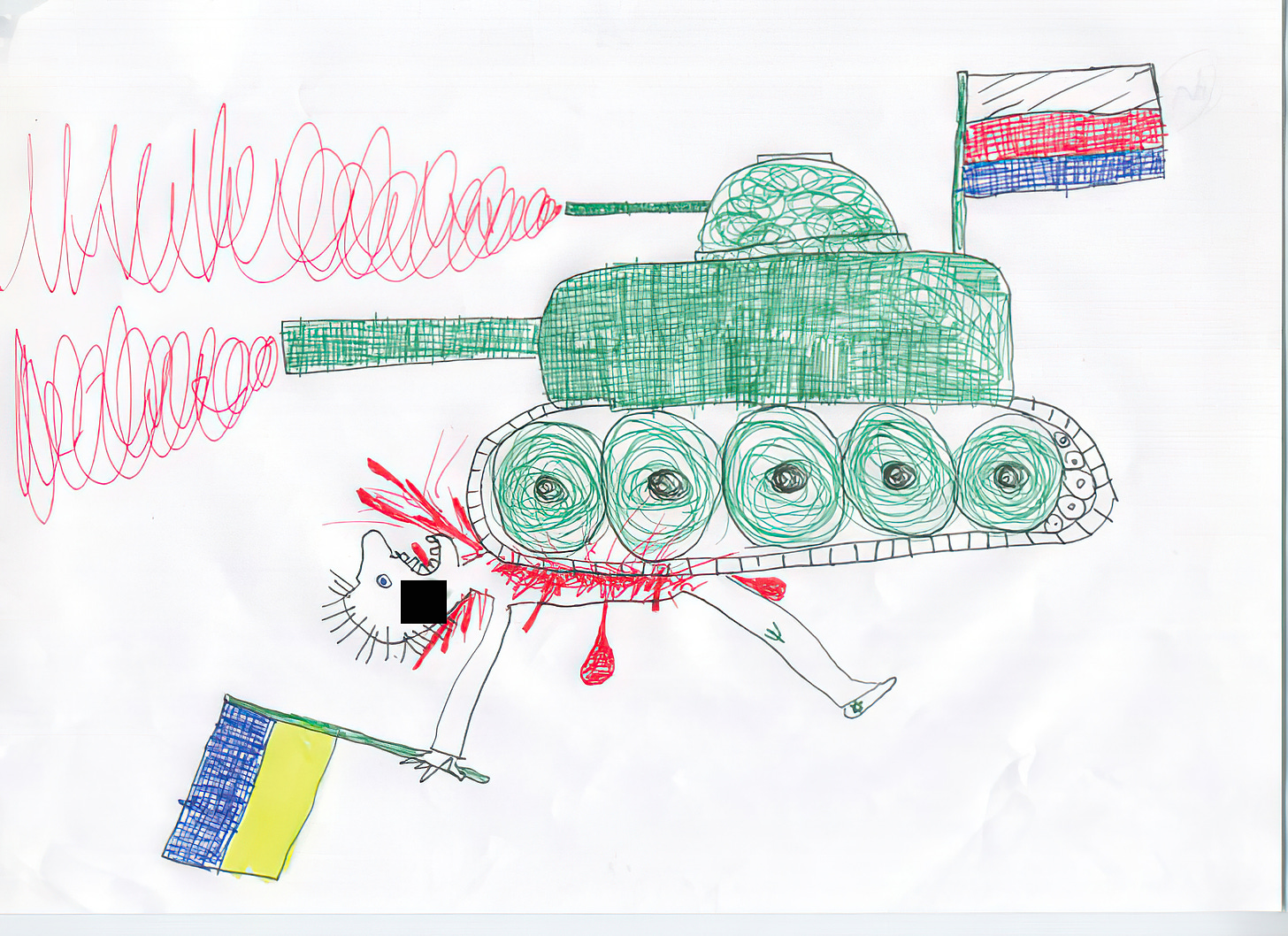 Ein Panzer mit einer farblich fehlerhaften Russlandflagge überfährt einen Mann mit einer Ukraineflagge in der Hand. Blut spritzt aus seinem Körper. Auf der Wange hat er ein Hakenkreuz (hier mit schwarzem Balken zensiert). Auf dem Knie sieht man ein Zeichen, das evtl. den Dreizack der Ukraine zeigt. Auf dem Schuh sieht man ganz schwach ebenfalls ein Symbol. Es könnte ein Davidstern sein, allerdings ist die Qualität zu schlecht, um das mit Gewissheit zu sagen.