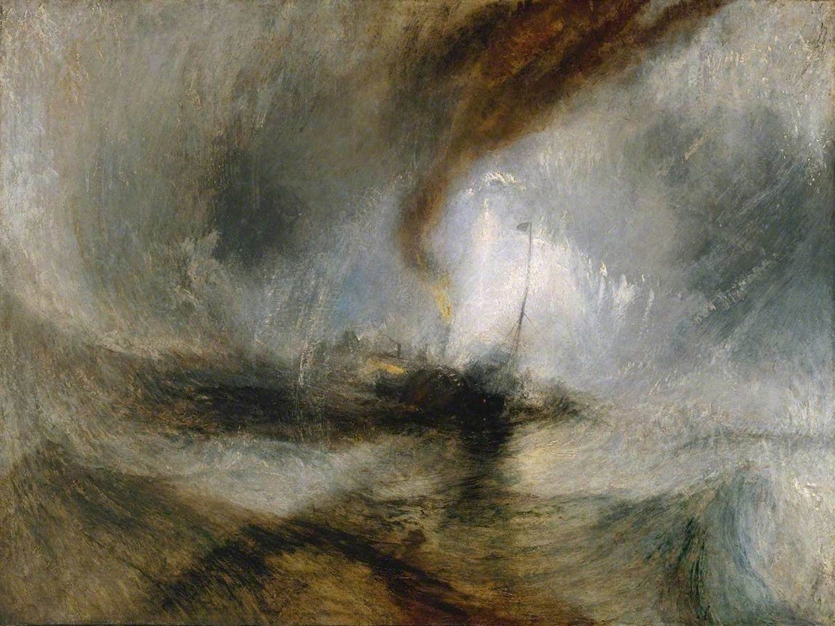 Snow Storm: Steam-Boat off a Harbour's Mouth ; J. M. W. Turner · 1842 · oil on canvas.