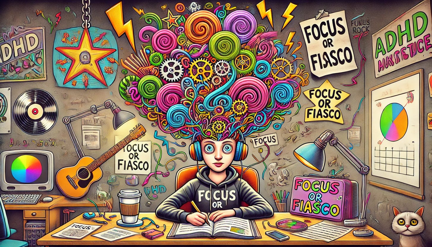 A whimsical and avant-garde illustration of a person with a chaotic, multitasking brain represented by swirling colorful musical notes, lightning bolts, and gears above their head. The person is seated at a desk with headphones on, surrounded by punk rock posters, a coffee cup, and a cluttered workspace. The setting includes quirky, exaggerated details like a cat lazily strumming a guitar in the background and a motivational poster that says, 'Focus or Fiasco.' The style is vibrant, humorous, and slightly surreal, perfect for capturing attention and conveying the ADHD energy. The composition is rectangular, designed for digital articles.