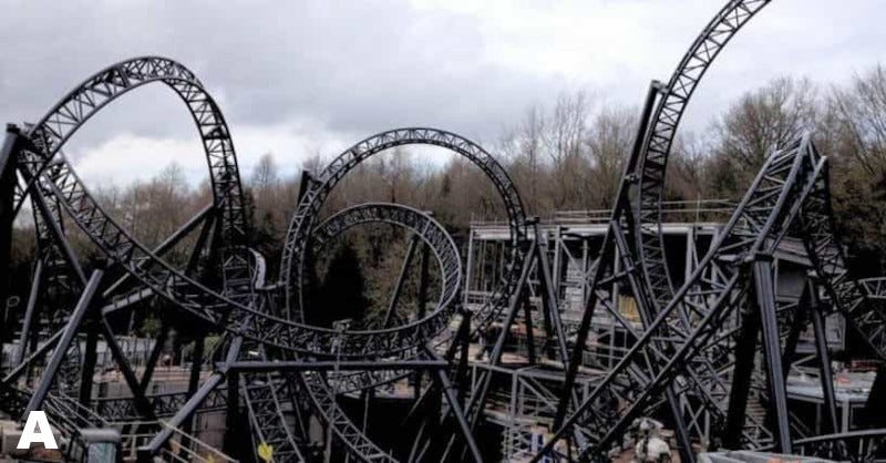 A twisted chaotic dangerous mess roller coaster in abandoned amusement park