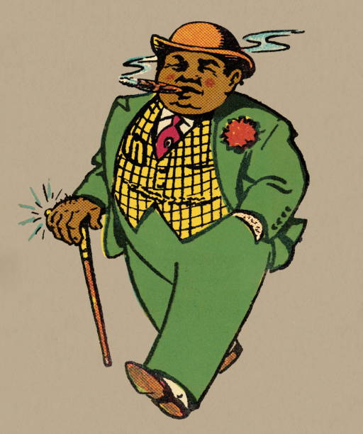 Man Walking with Cane and Cigar Man Walking with Cane and Cigar fat businessman with a cigar stock illustrations