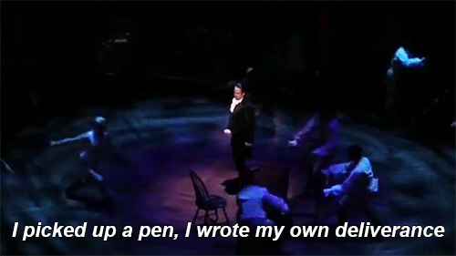 Gif of Alexander Hamilton onstage in a hurricane. Text reads, "I picked up a pen. I wrote my own deliverance."