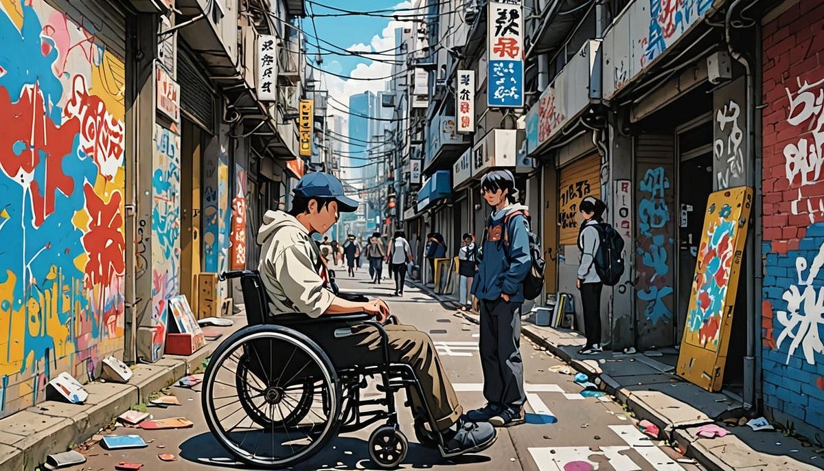 Art, man in wheelchair in graffiti ridden lane