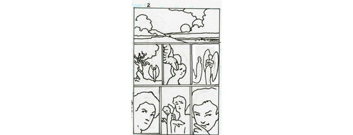 Thumbnail sketch of page 2 of the graphic novel.