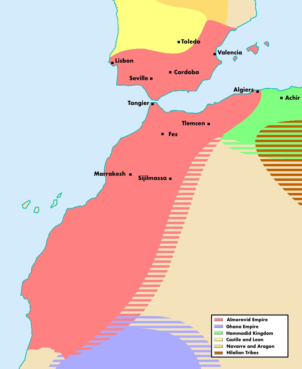 the Almoravid Empire at it's greatest extent, comprising modern day Morroco and stretching to Algiers, as well as the southern part of the Iberian peninsula