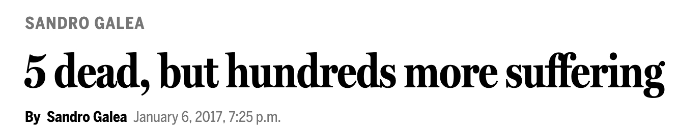 Image: Screenshot of a headline that reads: "5 dead, but hundreds more suffering."