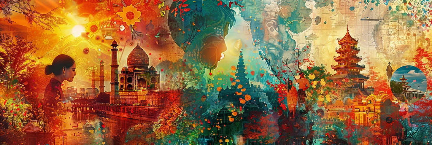 An expansive digital collage that merges various elements of Eastern architecture and cultural motifs into a seamless panorama. Silhouettes of iconic landmarks such as pagodas and mosques are layered against a tapestry of historical and artistic symbols. The color palette transitions from the warm oranges and yellows of sunrise on the left to the cooler blues and reds of sunset on the right, evoking the passage of time and the richness of diverse traditions.