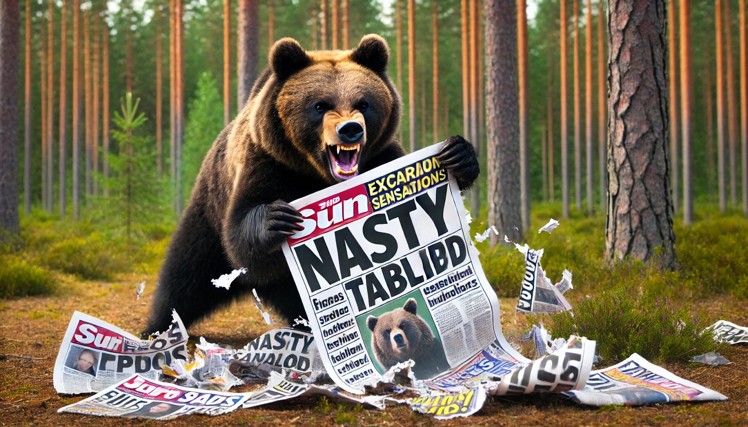 A bear aggressively ripping up a nasty tabloid paper. The bear is in a forested area, looking very determined and angry. The pieces of the torn tabloid are scattered around. The tabloid has exaggerated and sensational headlines, and the bear seems to be in the process of tearing it apart with its powerful claws and teeth.