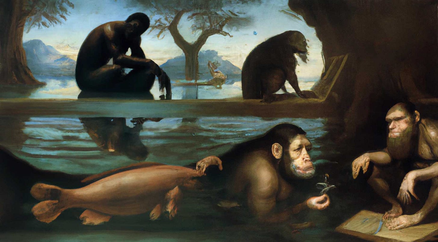 A painting showing an ape and some kind of fish in water, with an ape-looking-Darwin-looking figure at lower right