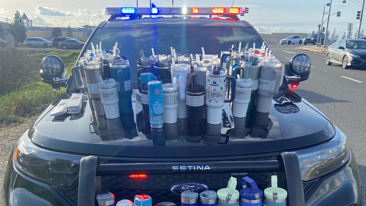 A 23-year-old woman in Northern California was arrested after she stole 65 Stanley cups valued at $2,500, the Roseville Police Department said in a Facebook post Sunday. On Wednesday, officers responded to a report of a theft at a retail store where staff "saw a woman take a shopping cart full of Stanley water bottles without paying for them," and refused to stop for staff, police said.