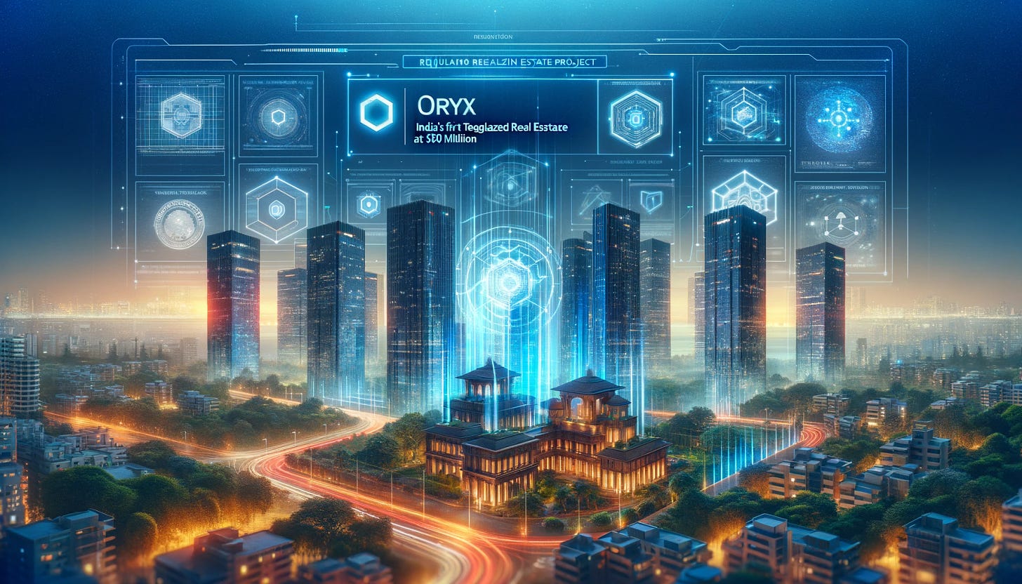 Visualize a scene depicting 'Oryx: India's First Regulated Tokenized Real Estate Project at $50 Million'. This image should capture the essence of this pioneering venture by Terazo and Tokeny. Showcase a modern, digitally enhanced Indian cityscape with skyscrapers and a prominent display of the project name 'Oryx'. Integrate elements symbolizing regulation and innovation, such as digital overlays on buildings, holographic displays, and a fusion of traditional Indian architecture with futuristic design. The ambiance should convey a sense of breakthrough in the field of tokenized real estate, highlighting the project's significance in a vibrant, technologically advanced setting.