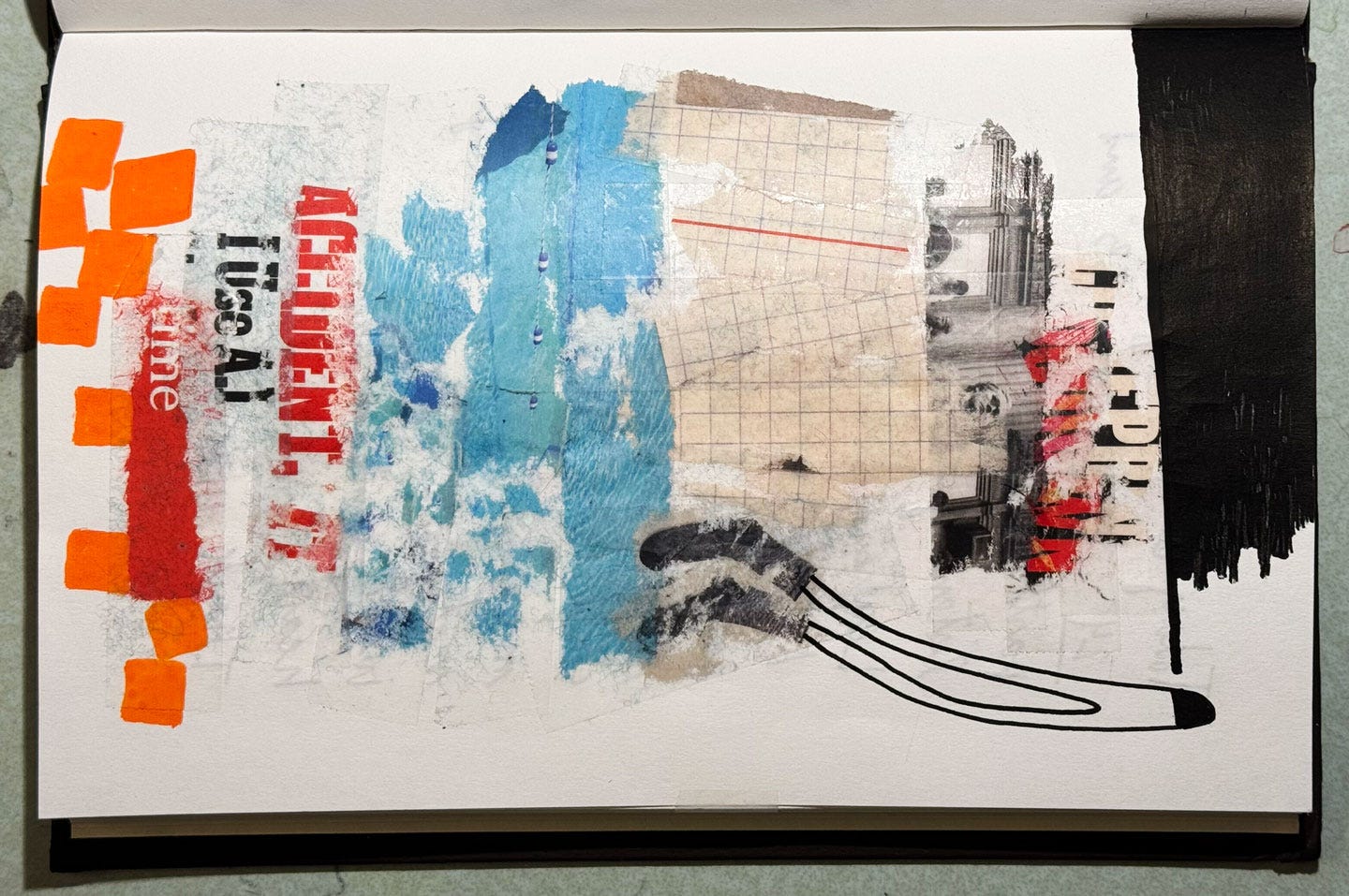 A collage drawing with words and textures