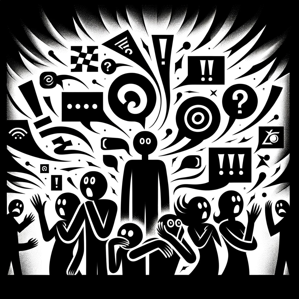 A sophisticated black and white stick figure illustration for an elite newspaper, depicting the theme of a moral panic about misinformation. The image features a group of stick figures in a state of alarm, with exaggerated expressions of fear and confusion. They are surrounded by swirling symbols of misinformation such as distorted speech bubbles, exclamation points, and question marks. In the background, there is a shadowy figure representing the source of misinformation, amplifying the panic. The style is minimalist, elegant, highly refined, and adult-like, suitable for a high-quality blog post in an elite publication.