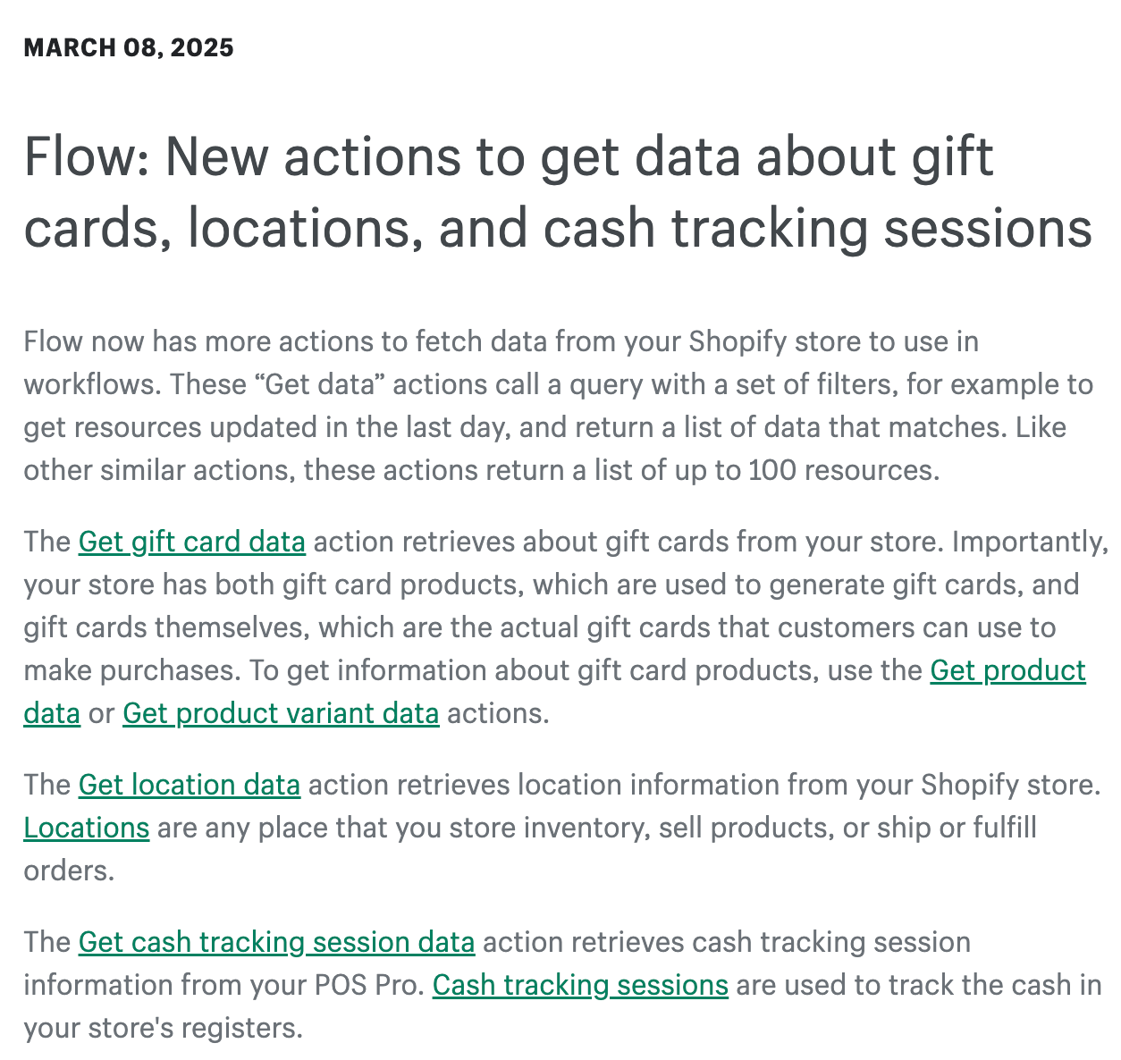 Screenshot of a Shopify developer update titled "Flow: New actions to get data about gift cards, locations, and cash tracking sessions." The text describes new "Get data" actions within Shopify Flow for retrieving information about gift cards, locations, and cash tracking sessions.