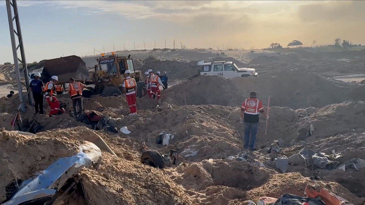 Photo shows rescue operations to recover the bodies of 15 aid workers, in southern Rafah, on March 27, 2025.