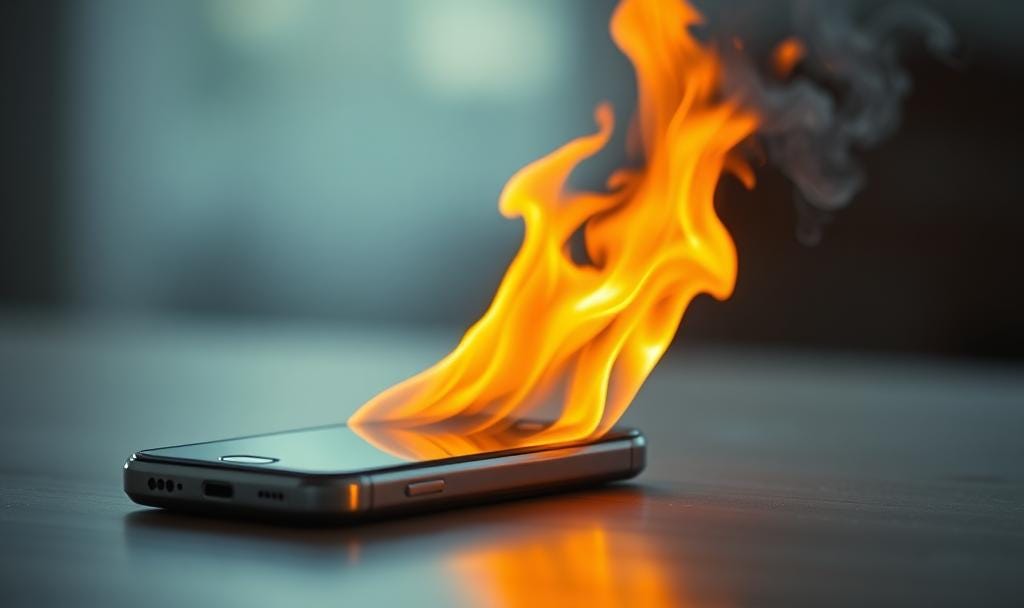A cellular phone burning in flames, AI generated.