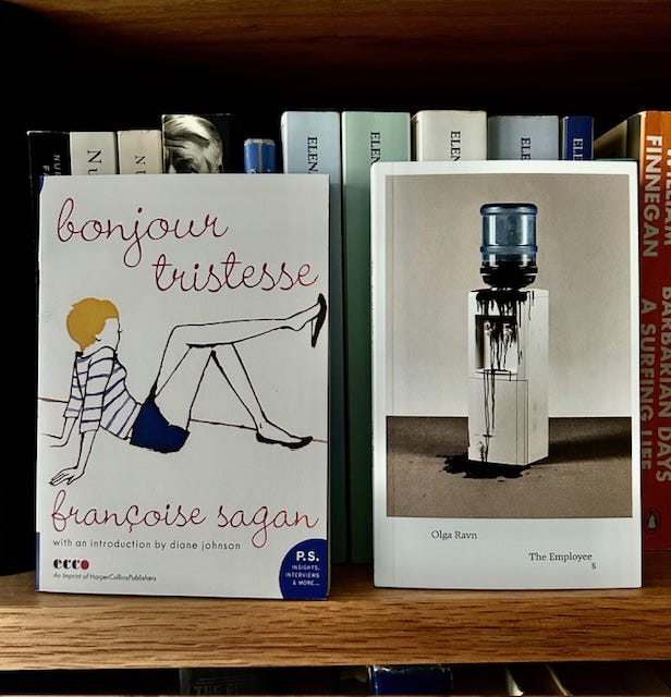 the cover of Bonjour Tristesse by Françoise Sagan has a drawing of a young woman sitting down. The cover of The Employee by Olga Ravn has a water cooler with black oil leaking out